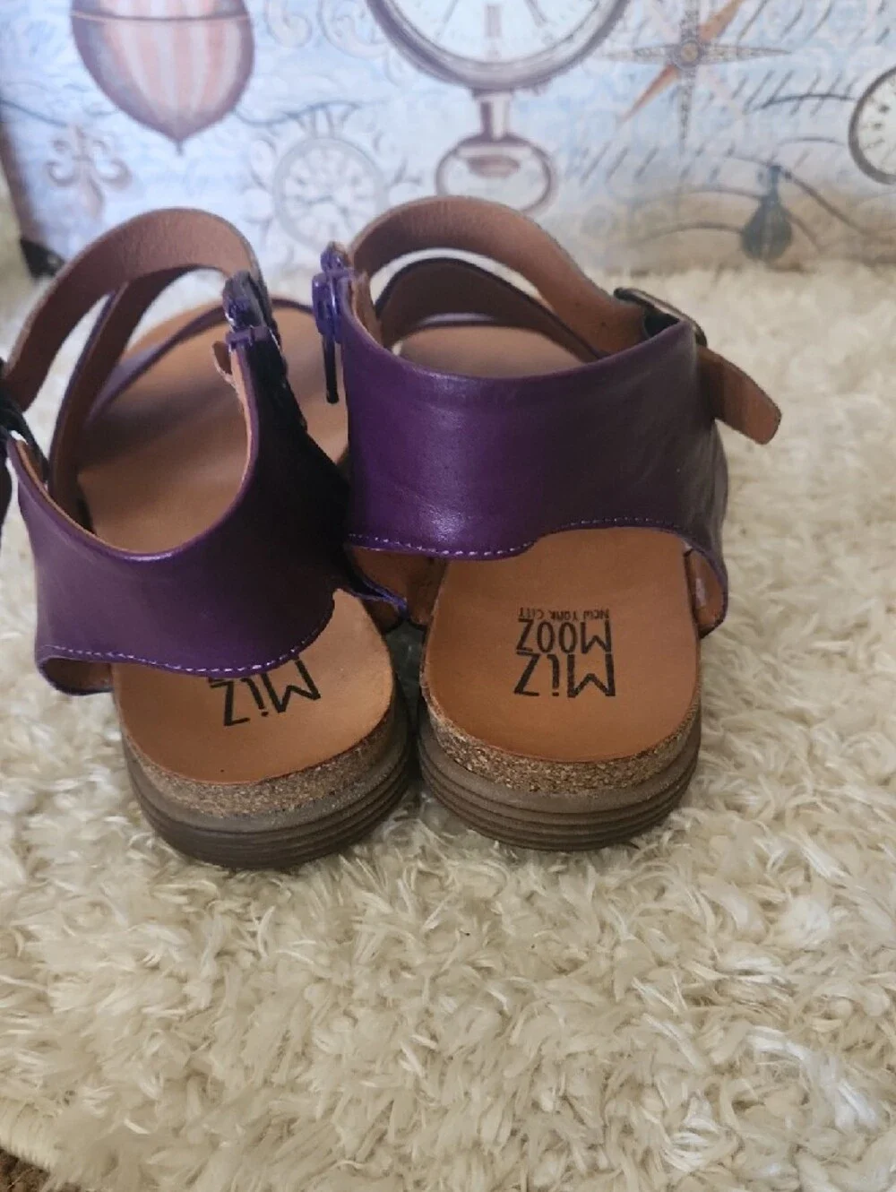 Miz Mooz Meadow Purple Leather Strappy Ankle Sandals with Tan Footbed - Picture 3 of 10